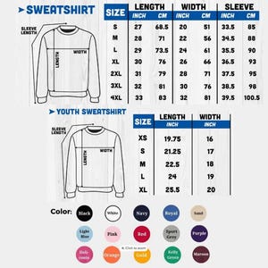 Puede incluir: Tabla de tallas detallada para sudaderas y sudaderas juveniles. La tabla incluye medidas de largo, ancho y largo de manga en pulgadas y cent&iacute;metros. Opciones de color: negro, blanco, azul marino y m&aacute;s.