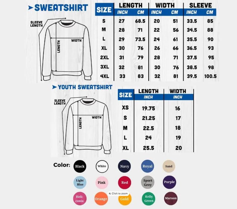 Puede incluir: Tabla de tallas detallada para sudaderas y sudaderas juveniles. La tabla incluye medidas de largo, ancho y largo de manga en pulgadas y cent&iacute;metros. Opciones de color: negro, blanco, azul marino y m&aacute;s.