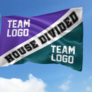 May include: A flag with a purple and teal design, featuring the text "TEAM LOGO" and "HOUSE DIVIDED". The flag is waving in the wind against a blue sky with clouds. The text is in a bold, white font.