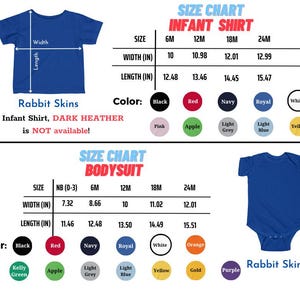 Puede incluir: Una camiseta y un body azules para beb&eacute; con una tabla de tallas. La tabla muestra medidas en pulgadas para el ancho y el largo, y opciones de color. El texto en la imagen dice "Rabbit Skins" y "For Infant Shirt, DARK HEATHER is NOT available!"