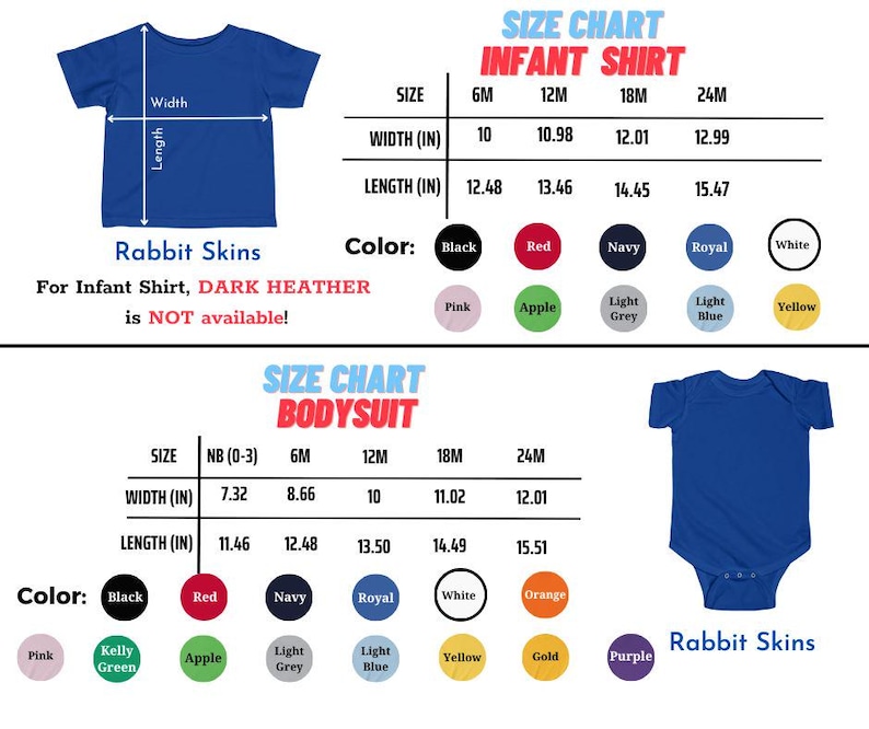Puede incluir: Una camiseta y un body azules para beb&eacute; con una tabla de tallas. La tabla muestra medidas en pulgadas para el ancho y el largo, y opciones de color. El texto en la imagen dice "Rabbit Skins" y "For Infant Shirt, DARK HEATHER is NOT available!"