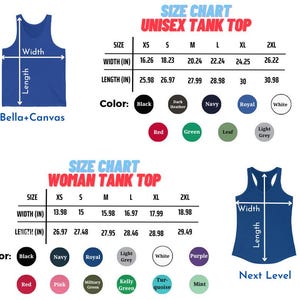 Puede incluir: Gr&aacute;fico que muestra tablas de tallas para camisetas sin mangas unisex y de mujer. Las tablas incluyen medidas en pulgadas para el ancho y el largo, junto con opciones de color. Las camisetas sin mangas son de Bella+Canvas y Next Level.
