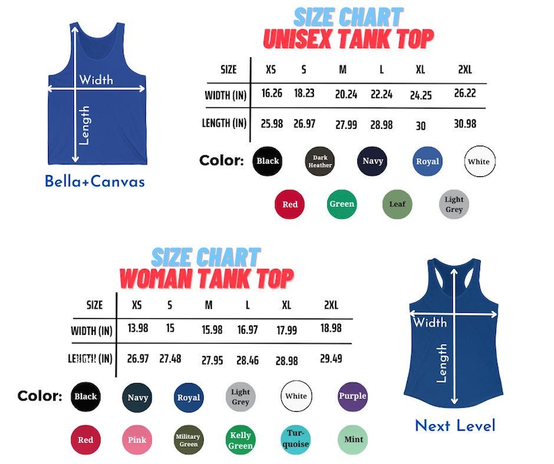 Puede incluir: Gr&aacute;fico que muestra tablas de tallas para camisetas sin mangas unisex y de mujer. Las tablas incluyen medidas en pulgadas para el ancho y el largo, junto con opciones de color. Las camisetas sin mangas son de Bella+Canvas y Next Level.