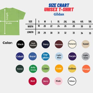 Puede incluir: Tabla de tallas para una camiseta unisex Gildan, con medidas en cent&iacute;metros. La tabla incluye tallas S a 5XL, con medidas de ancho de 45,7 a 81,3 cm y largos de 71,1 a 88,9 cm. Las opciones de color se muestran en c&iacute;rculos.