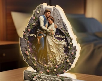Caja de luz acrílica con pareja de Han Solo y Leia, luz nocturna LED de Star Wars, regalo de la princesa Leia y Han, decoración de pareja de ciencia ficción, lámpara de amor nerd OHZD05