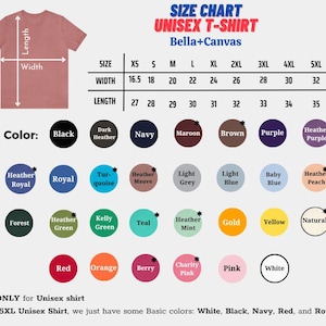 Puede incluir: Tabla de tallas para camisetas unisex, con medidas de ancho y largo. Tallas de XS a 5XL. La tabla incluye opciones de color en c&iacute;rculos, como negro, azul marino y rojo.