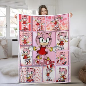 Personalized Cartoon Hedgehog Blanket, Custom Name Amy Rose Blanket, Gift For Kids Birthday AXHK11