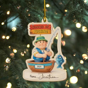 Hooked on Fishing Fisherman Custom Personalized Christmas Ornament Gift for Grandpa Men Teen Child Boy Personalized Fishing Ornament AXKK02