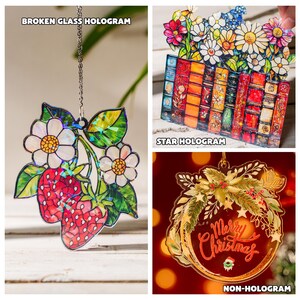 K&ouml;nnte beinhalten: Eine Sammlung dekorativer Ornamente. Oben links ein Erdbeer- und Blumendesign mit dem Text "BROKEN GLASS HOLOGRAM". Oben rechts eine Blumenanordnung mit B&uuml;chern und dem Text "STAR HOLOGRAM". Unten rechts ein Weihnachtskranz mit dem Text "Merry Christmas" und "NON-HOLOGRAM".