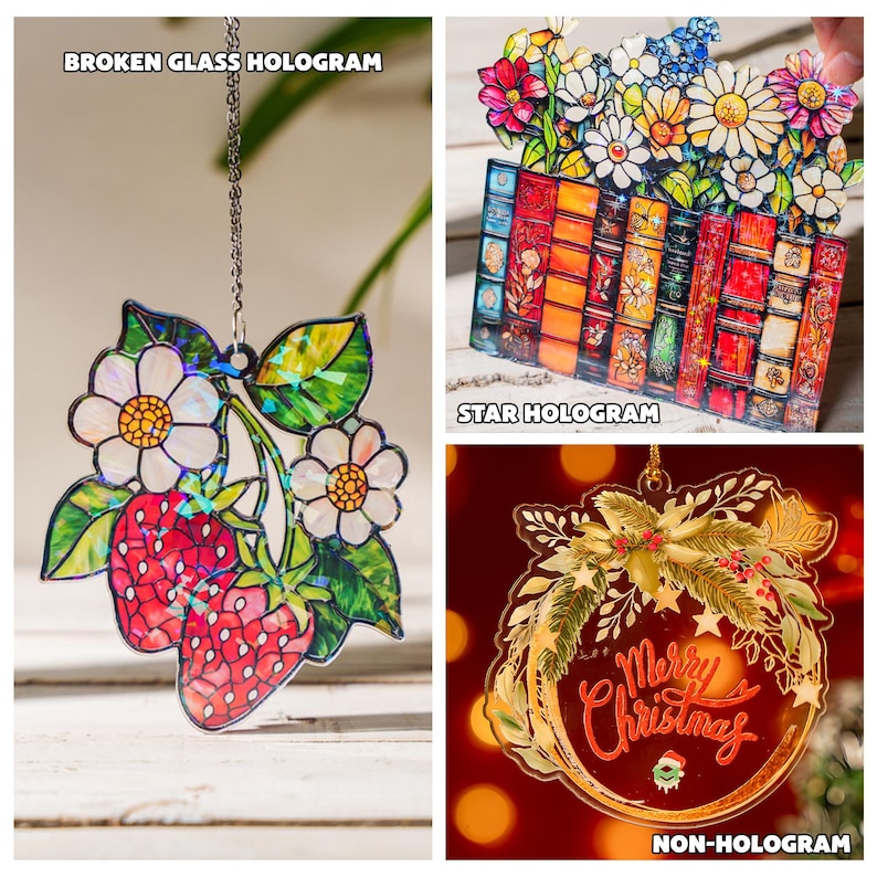 K&ouml;nnte beinhalten: Eine Sammlung dekorativer Ornamente. Oben links ein Erdbeer- und Blumendesign mit dem Text "BROKEN GLASS HOLOGRAM". Oben rechts eine Blumenanordnung mit B&uuml;chern und dem Text "STAR HOLOGRAM". Unten rechts ein Weihnachtskranz mit dem Text "Merry Christmas" und "NON-HOLOGRAM".
