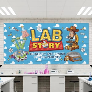 May include: A blue banner with the words "LAB STORY" in yellow and red, featuring cartoon characters and science-themed illustrations. The banner includes the phrase "TO INFINITY AND BEYOND! FOR OUR PATIENTS!"