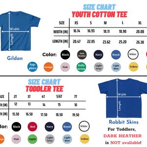 Puede incluir: Tablas de tallas para camisetas de algod&oacute;n para j&oacute;venes y ni&ntilde;os peque&ntilde;os, con medidas en pulgadas. La tabla para j&oacute;venes incluye tallas XS a XL, mientras que la tabla para ni&ntilde;os peque&ntilde;os va de 2T a 7T. Se muestran opciones de color.