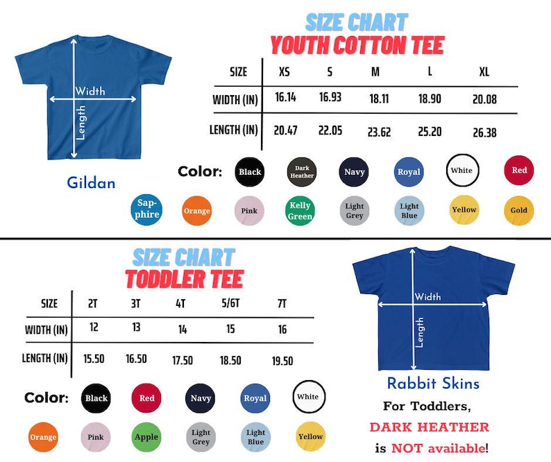 Puede incluir: Tablas de tallas para camisetas de algod&oacute;n para j&oacute;venes y ni&ntilde;os peque&ntilde;os, con medidas en pulgadas. La tabla para j&oacute;venes incluye tallas XS a XL, mientras que la tabla para ni&ntilde;os peque&ntilde;os va de 2T a 7T. Se muestran opciones de color.