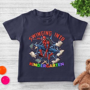 Spiderman Back to School Shirt/Custom Swinging Into Kindergarten/1st Grade Spidey Tee, First Day School Spider‑Man Gift OHT407