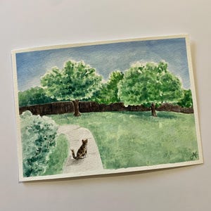 5x7 gouache landscape with cat | original painting
