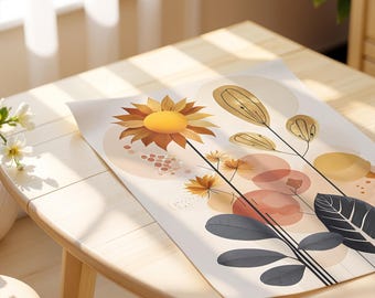 Lámina abstracta de girasoles, arte mural botánico moderno (descarga digital)