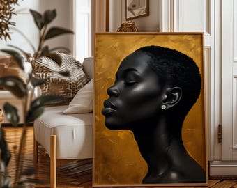 May include: A black and white portrait of a person with their eyes closed. The background is a gold colour.