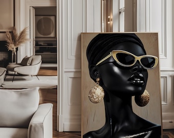 Schwarze Frau Kunstdruck – Goldene Accessoires, moderne Mode