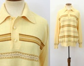 1970s Hipster Sweater Shirt Polo Button Neck Collared Pullover Super Soft Knit Long Yellow Stripes Vintage 70s Boyfriend Slouchy Top Large L