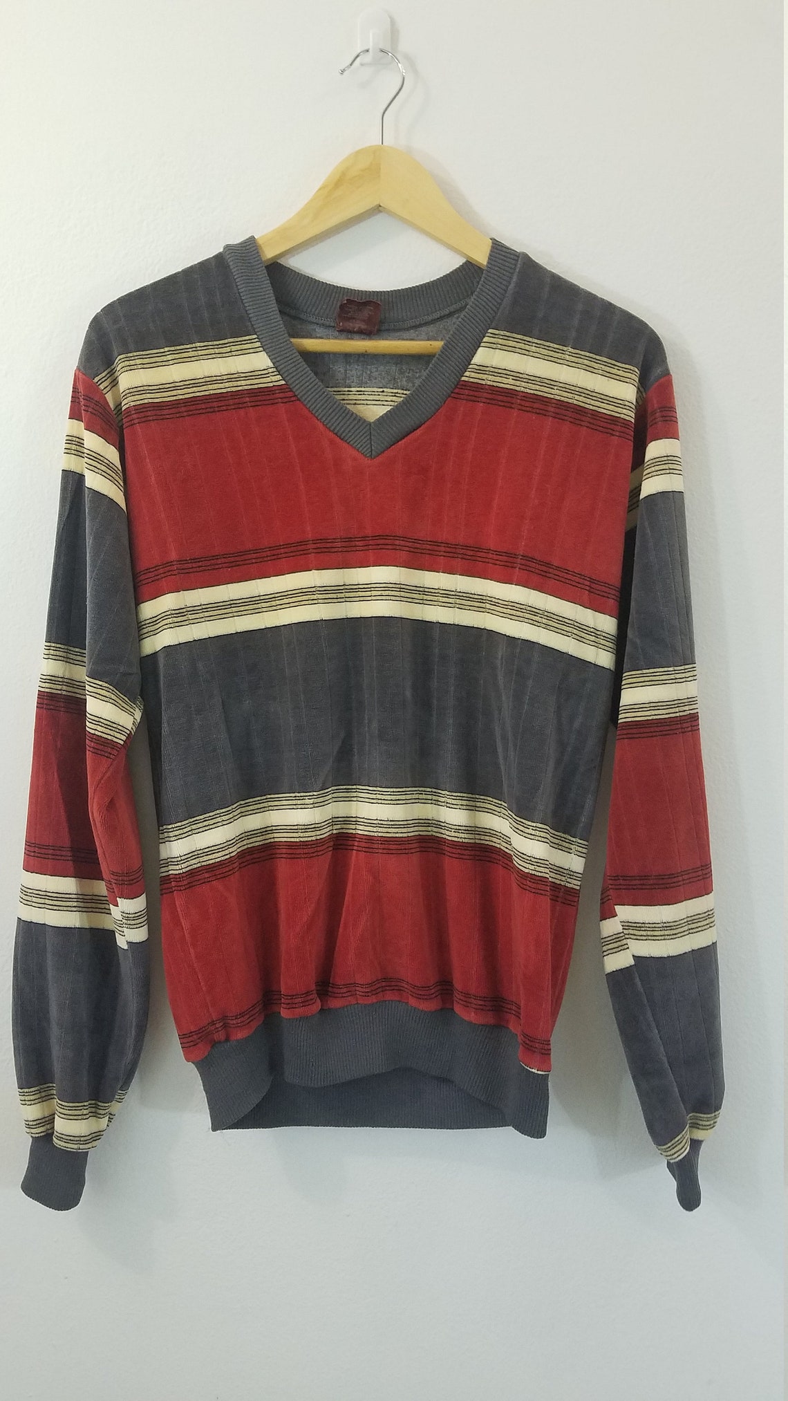 Vintage 70s VELOUR Pullover Shirt / 1970s V Neck Striped Soft | Etsy