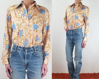 Vintage 70s Floral Nylon Blouse /Disco Shirt Tan Button Up Top Women's Retro Long Sleeve 1970s Pointy Collar Grandma Chic Flowers Small S M