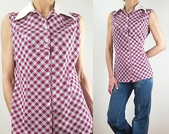 Vintage 70s Sleeveless Button Up Shirt /Plum Checkerboard Top Big White Pointy Collar Gingham Knit Retro Tank Blouse Mod Dolly Medium Large