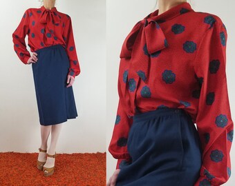 Vintage 1970s Red Ascot Shirt /Pussybow Blouse Button Up Top Pussy Bow Boho Secretary Vintage 70s Long Sleeve Bohemian Retro Office Work M L