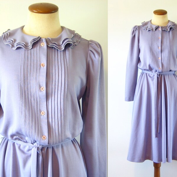 RESERVED  1970s Dress Boho Lavender Day Ruffled Collar Pintuck Bodice Fitted Waist Flared Skirt Midi Long Sleeve Vintage 70s  Medium