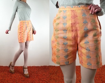 Vintage 60s High Waisted Shorts /Dragonfly Bermuda Cotton High Rise Shorts MCM Melon Orange Flat Front Size Zip Pocket Small Medium 28x5