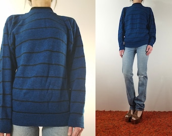 Vintage 80s Le Tigre Striped Sweater /Preppy Black & Blue Mock Turtle Pullover Men's Turtleneck Jumper Long Sleeve Retro Hipster S Small M