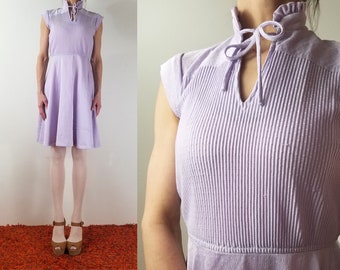 Vintage 70s Lavender Keyhole Mini Dress / Cap Sleeve High Waist Party Dress Fit & Flare Day Dress Twirl Skirt Ascot Tie Retro Romantic S