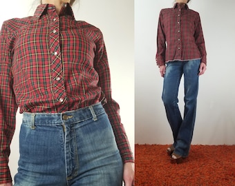 Vintage 70s Wrangler Shirt /Women's Red Plaid Western Top Pearl Snap Front Button Up Cowboy Yoke Blouse Retro Southern Holiday S M