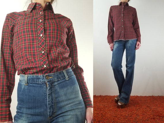 Vintage 70s Wrangler Shirt /Women's Red Plaid Wes… - image 1