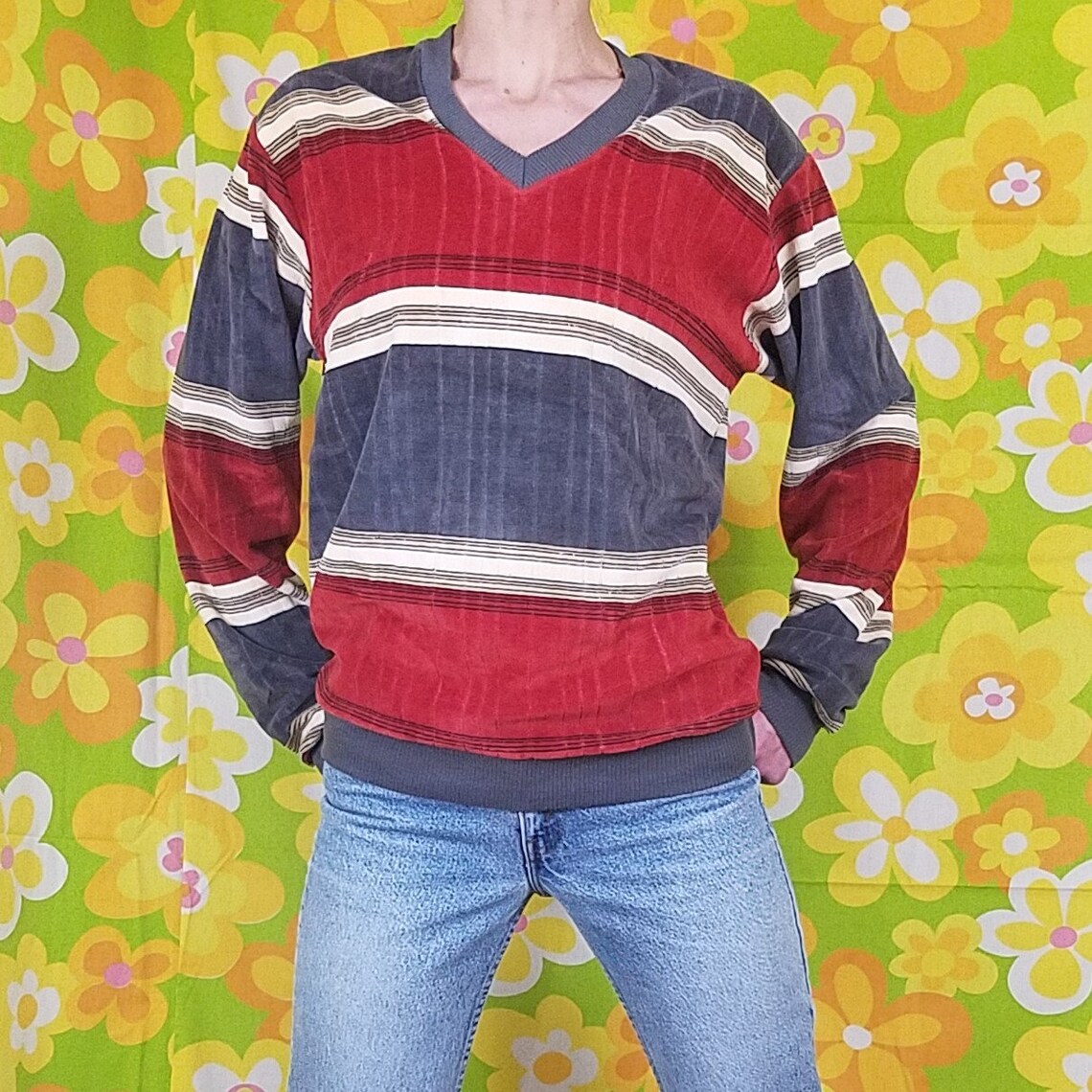 Vintage 70s Velour Pullover Shirt 1970s V Neck Striped Soft Etsy