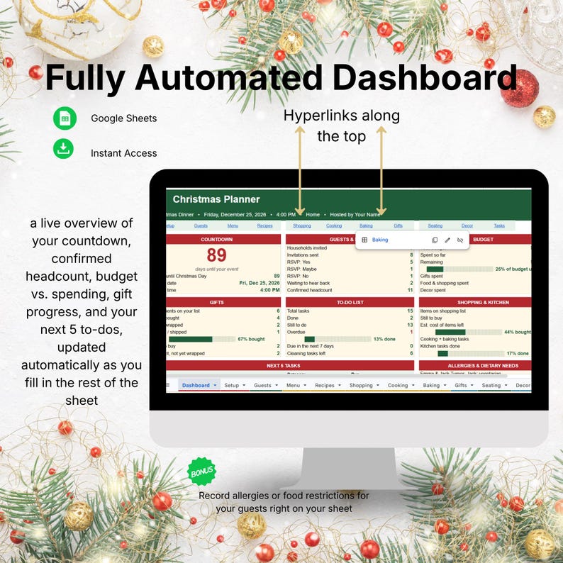 Progress Countdown Template Christmas Dinner Planner Spreadsheet | Editable Google Sheets Template ...