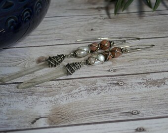 Earrings Quartz Daggers Peach Moonstone Rhodochrosite Pearls Tribal Primitive Boho #2255