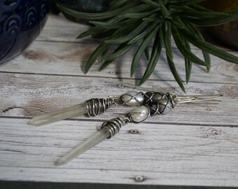 Earrings Quartz Daggers Purple Amethyst Freshwater Pearls Tribal Primitive Boho #2259