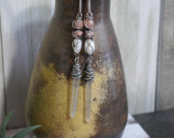 Earrings Quartz Daggers Peach Moonstone Rhodochrosite Pearls Tribal Primitive Boho #2263