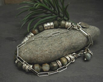 Bracelet Grey Eagles Eye TigerEye Sterling Silver Charm #2114