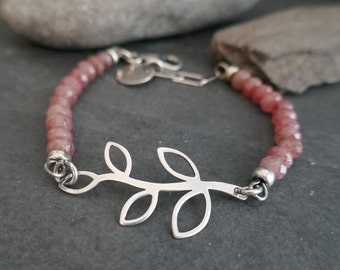 Bracelet Pink Strawberry Quartz Leaf Handmade Sterling #2132
