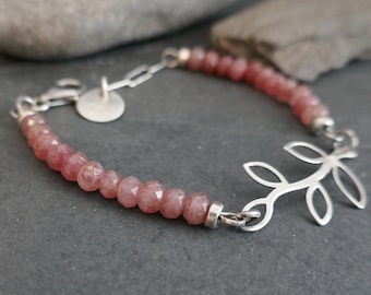 Bracelet Pink Strawberry Quartz Leaf Handmade Sterling #2133