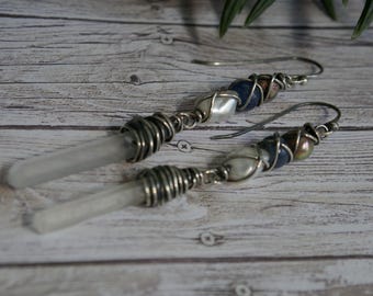 Earrings Quartz Daggers Blue Kyanite Freshwater Pearls Tribal Primitive Boho #2261