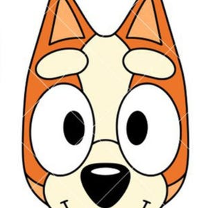 May include: A cartoon illustration of a dog's face, featuring large white eyes with black pupils, a black nose, and a smiling mouth. The dog's face is primarily orange with cream-colored accents.