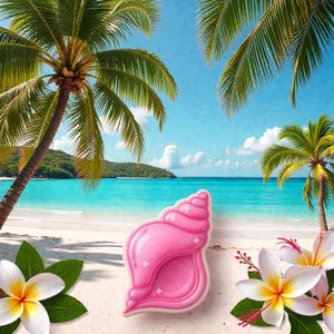 May include: A pink seashell-shaped item with glitter accents rests on a sandy beach. The background features a tropical scene with palm trees, turquoise water, and white flowers. The sky is a bright blue.