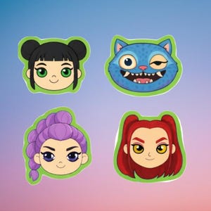 May include: Four colorful cartoon stickers featuring stylized faces. One sticker shows a girl with black hair in buns and green eyes. Another is a blue cat with one eye closed. The other two stickers show girls with purple and red hair.