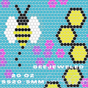 May include: A colorful bead pattern with a bee design, featuring yellow, black, white, pink, and blue beads. The text "BEE JEWELED 20 OZ SS20/5MM" is visible at the bottom of the image.