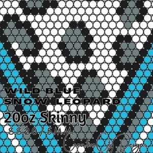 May include: A beading pattern for a wild blue snow leopard design. The pattern is for a 20 oz skinny tumbler with 5 mm beads. The text "Creative City Designs" is at the bottom of the image.