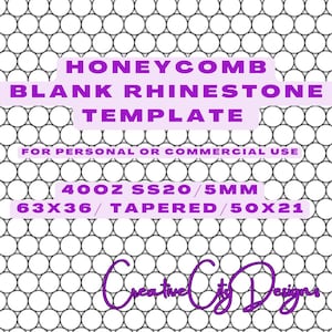 Puede incluir: Un diseño de panal de abeja morado y blanco con el texto "HONEYCOMB BLANK RHINESTONE TEMPLATE" y "FOR PERSONAL OR COMMERCIAL USE". Debajo del texto está "400Z SS20/5MM 63X36/TAPERED/50X21".