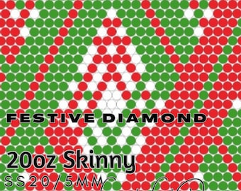 May include: A festive diamond pattern beading design in red, green, and white. The design is labeled "Festive Diamond 20oz Skinny SS20/5MM 49x49 Creative City Designs".