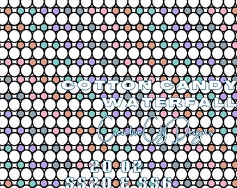 May include: A digital design featuring a repeating pattern of white circles with smaller colored circles inside. The design is titled "Cotton Candy Waterfall" and includes the text "Creative City Designs", "2002", "SS20 & SS6", and "50 Stones Around".